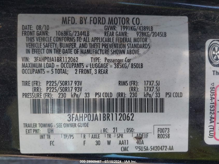 2011 Ford Fusion Sel VIN: 3FAHP0JA1BR112062 Lot: 39869467