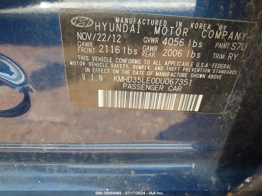 2013 Hyundai Elantra Gt VIN: KMHD35LE0DU067351 Lot: 39869468