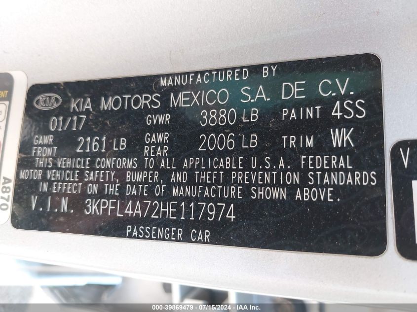 2017 Kia Forte Lx VIN: 3KPFL4A72HE117974 Lot: 39869479