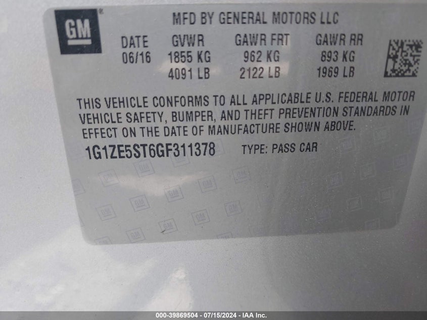 2016 Chevrolet Malibu 1Lt VIN: 1G1ZE5ST6GF311378 Lot: 39869504