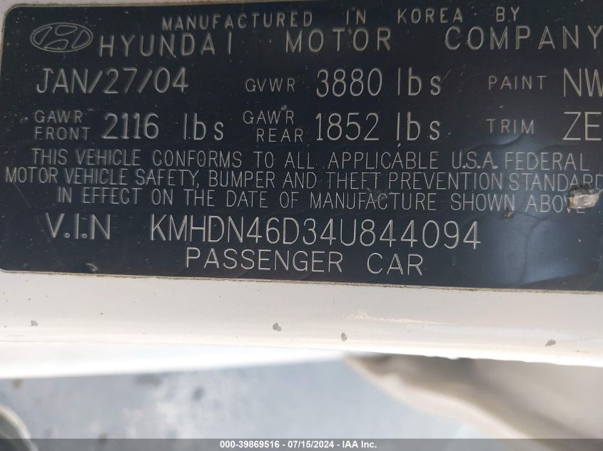 2004 Hyundai Elantra Gls/Gt VIN: KMHDN46D34U844094 Lot: 39869516
