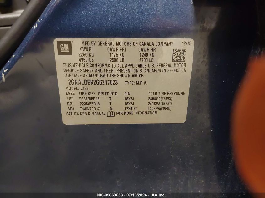 2016 Chevrolet Equinox Ltz VIN: 2GNALDEK2G6217023 Lot: 39869533