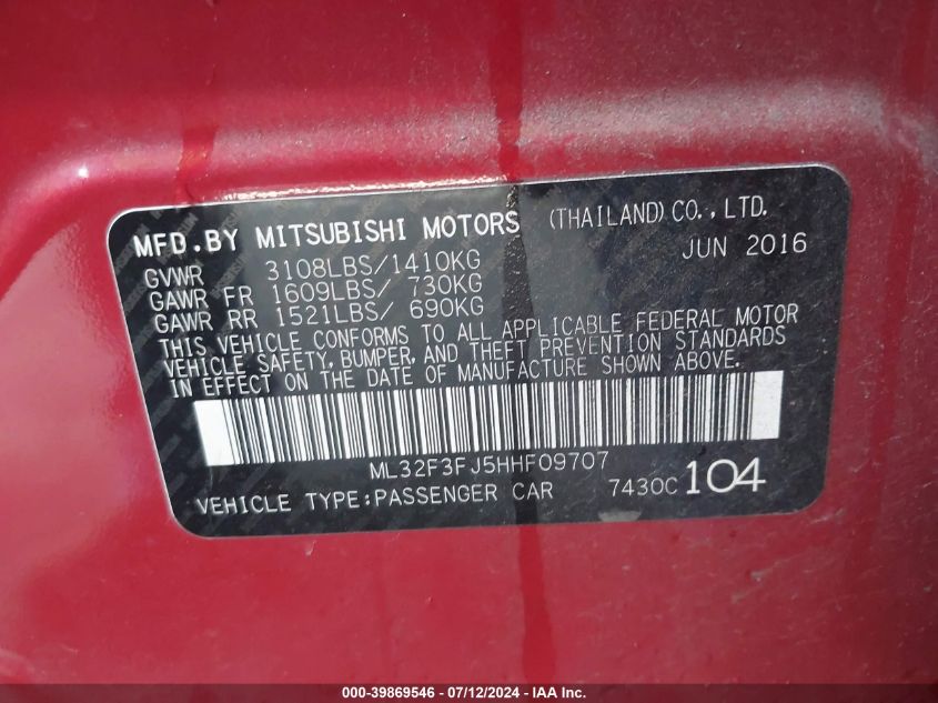 2017 Mitsubishi Mirage G4 Es VIN: ML32F3FJ5HHF09707 Lot: 39869546