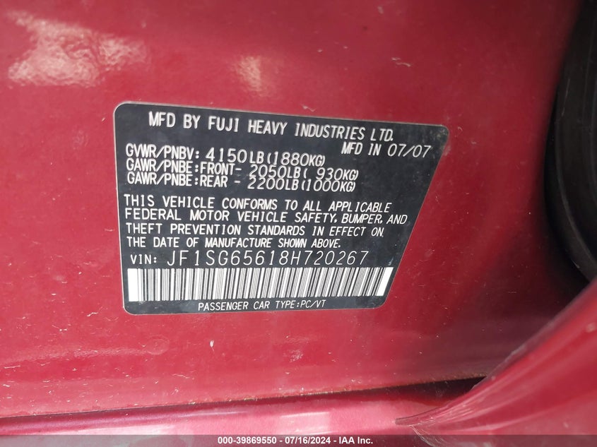 2008 Subaru Forester 2.5X Premium VIN: JF1SG65618H720267 Lot: 39869550