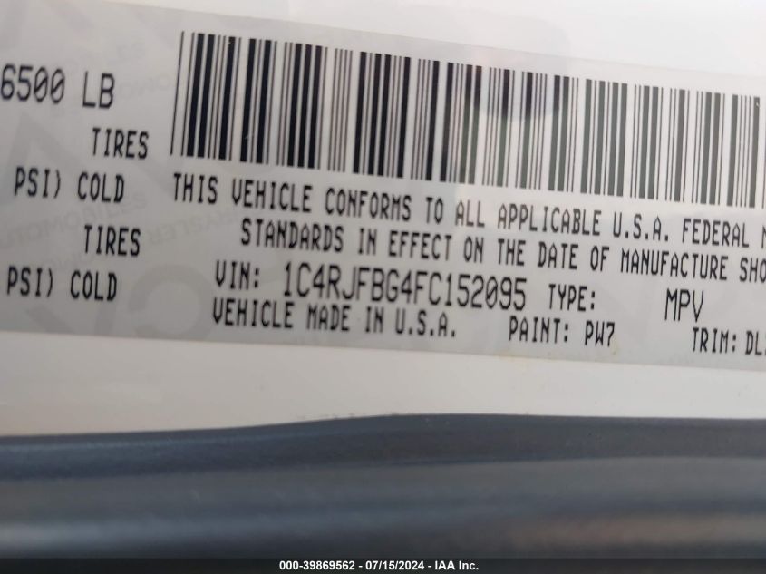 2015 Jeep Grand Cherokee Limited VIN: 1C4RJFBG4FC152095 Lot: 39869562