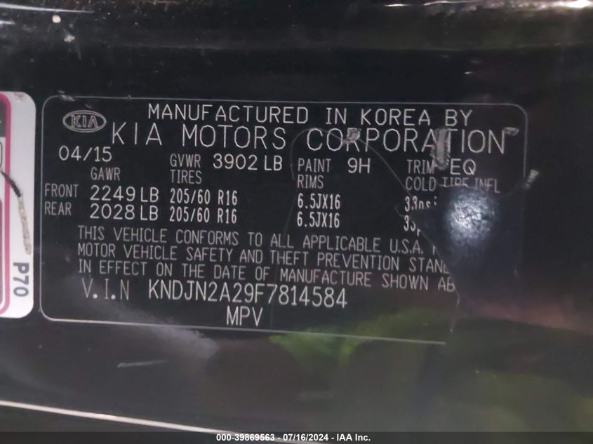 2015 Kia Soul VIN: KNDJN2A29F7814584 Lot: 39869563