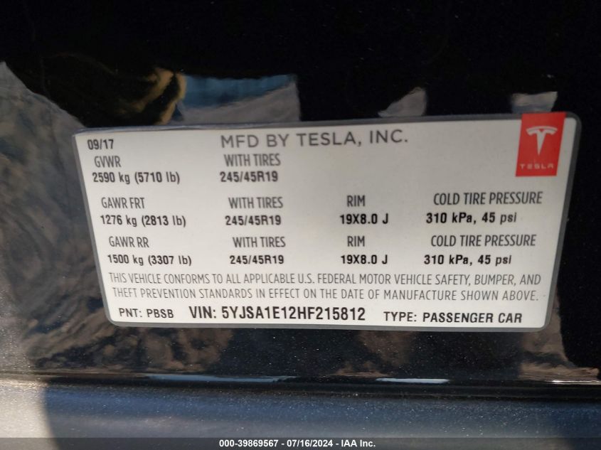 5YJSA1E12HF215812 2017 Tesla Model S 60/75