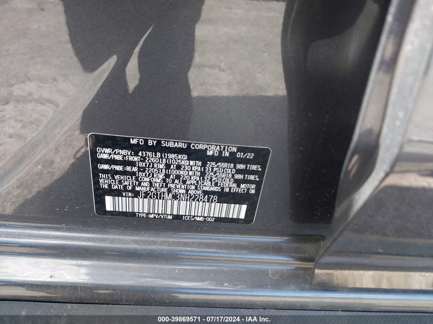 VIN JF2GTHMC3NH228478 2022 SUBARU CROSSTREK LIMITED