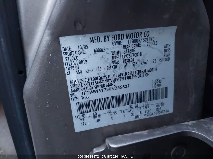 2006 Ford F-350 Lariat/Xl/Xlt VIN: 1FTWW31P36EB55837 Lot: 39869572