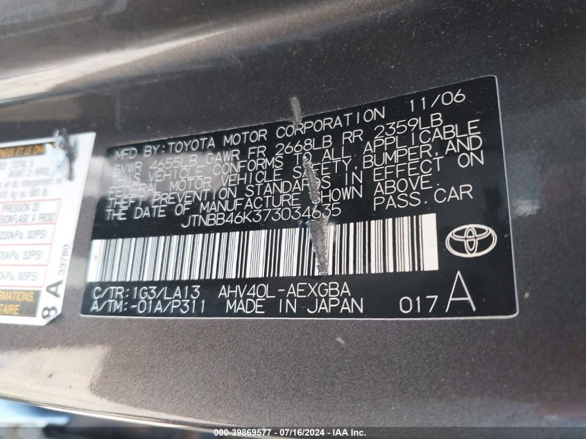 JTNBB46K373034635 | 2007 TOYOTA CAMRY HYBRID