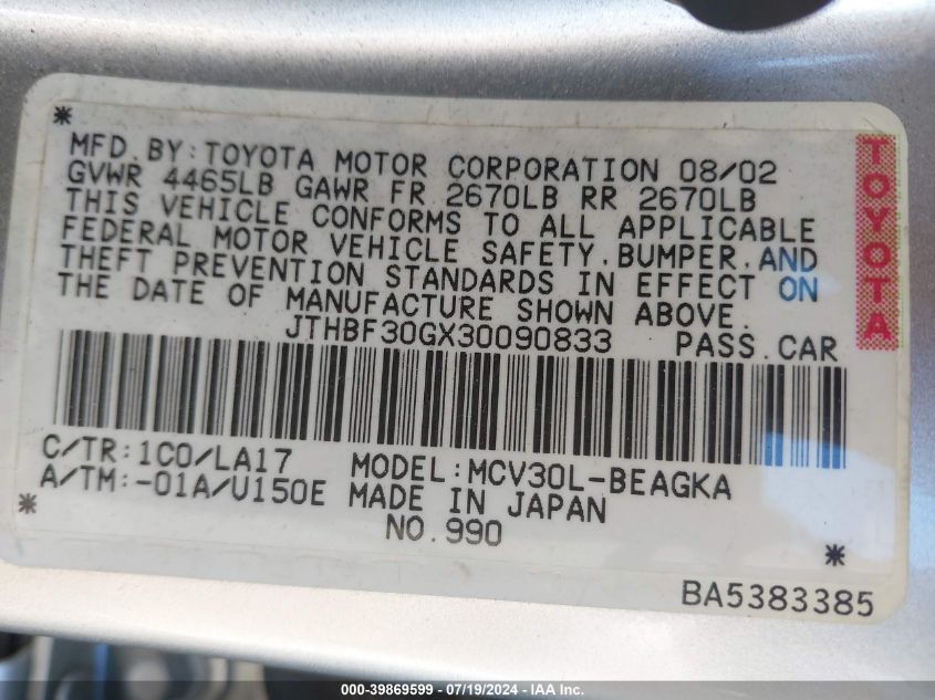 1THBF30G430090833 2003 Lexus Es 300