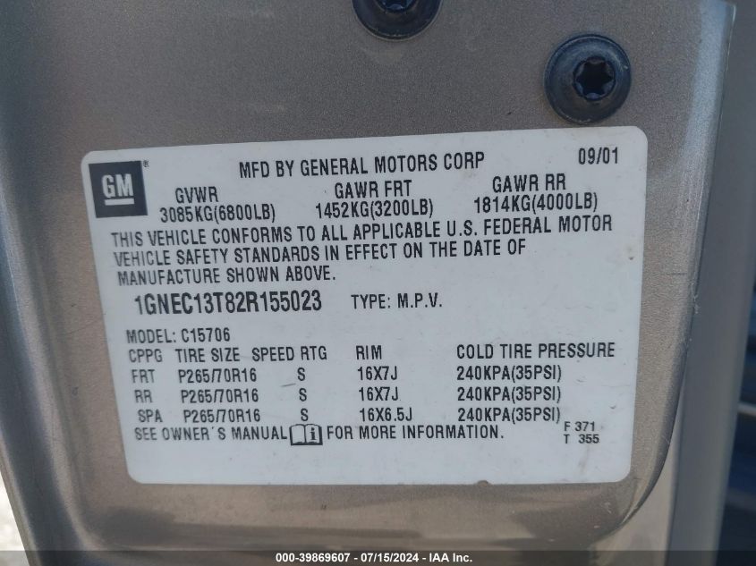 2002 Chevrolet Tahoe Lt VIN: 1GNEC13T82R155023 Lot: 39869607