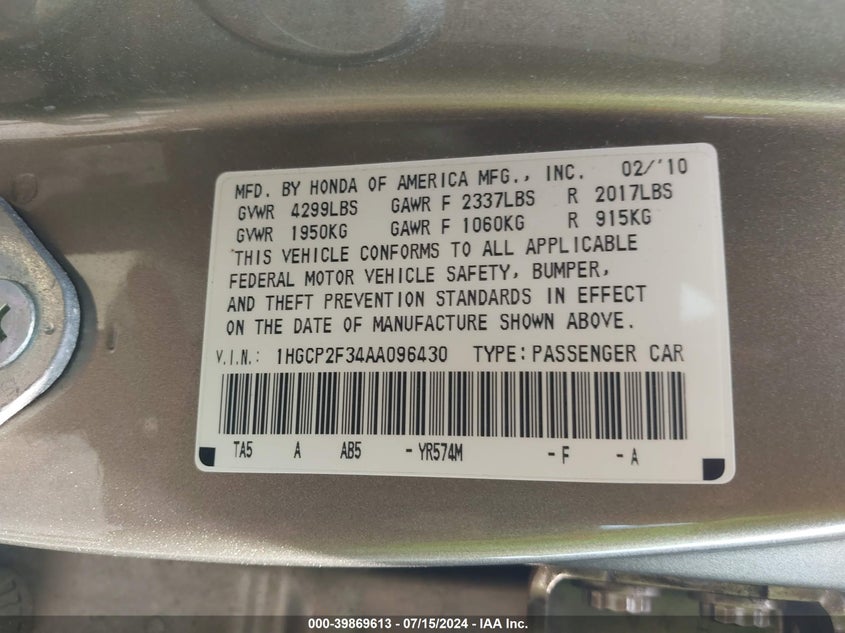 2010 Honda Accord 2.4 Lx VIN: 1HGCP2F34AA096430 Lot: 39869613