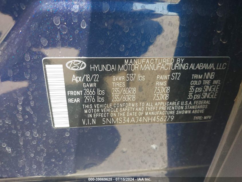 2022 Hyundai Santa Fe Sel VIN: 5NMS34AJ4NH456279 Lot: 39869625