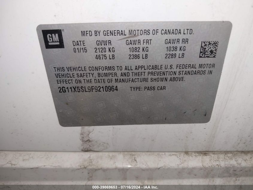 2015 Chevrolet Impala 1Fl VIN: 2G11X5SL9F9210964 Lot: 39869653