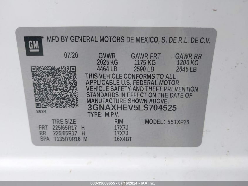2020 Chevrolet Equinox Fwd Ls VIN: 3GNAXHEV5LS704525 Lot: 39869655