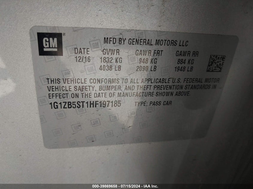 2017 Chevrolet Malibu Ls VIN: 1G1ZB5ST1HF197185 Lot: 39869658