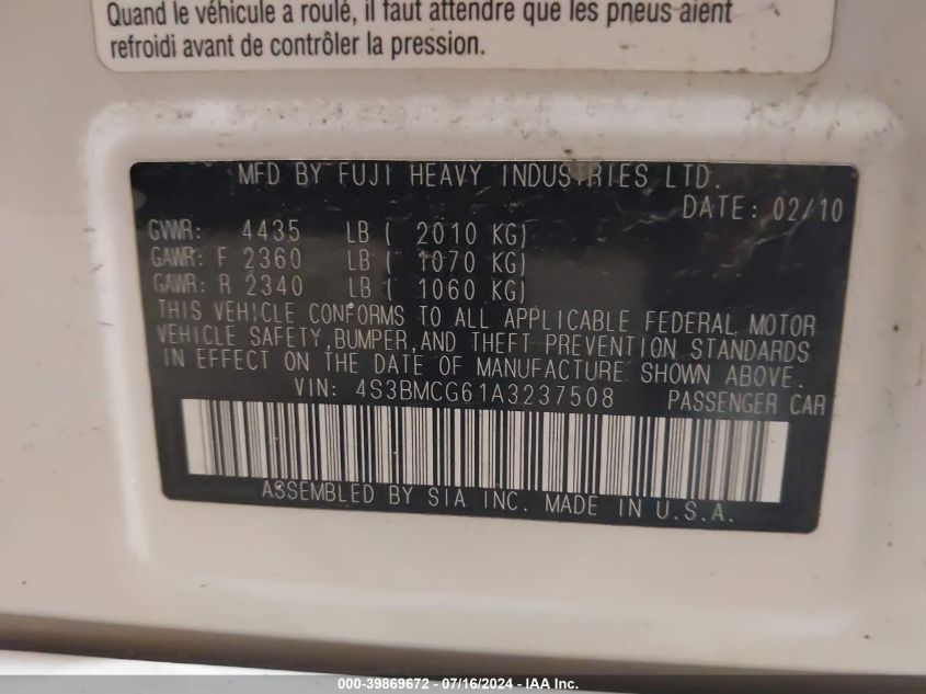 2010 Subaru Legacy 2.5I Premium VIN: 4S3BMCG61A3237508 Lot: 39869672