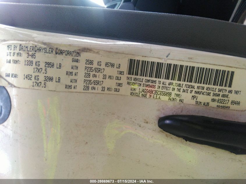 2005 Jeep Grand Cherokee Laredo VIN: 1J4GS48K35C656098 Lot: 39869673