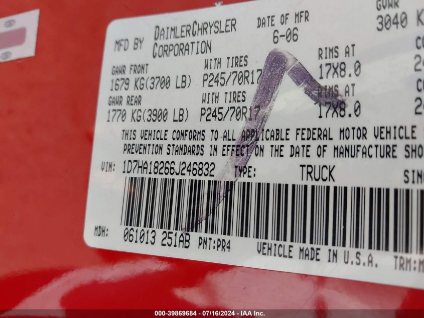 2006 Dodge Ram 1500 Slt VIN: 1D7HA18266J246832 Lot: 39869684