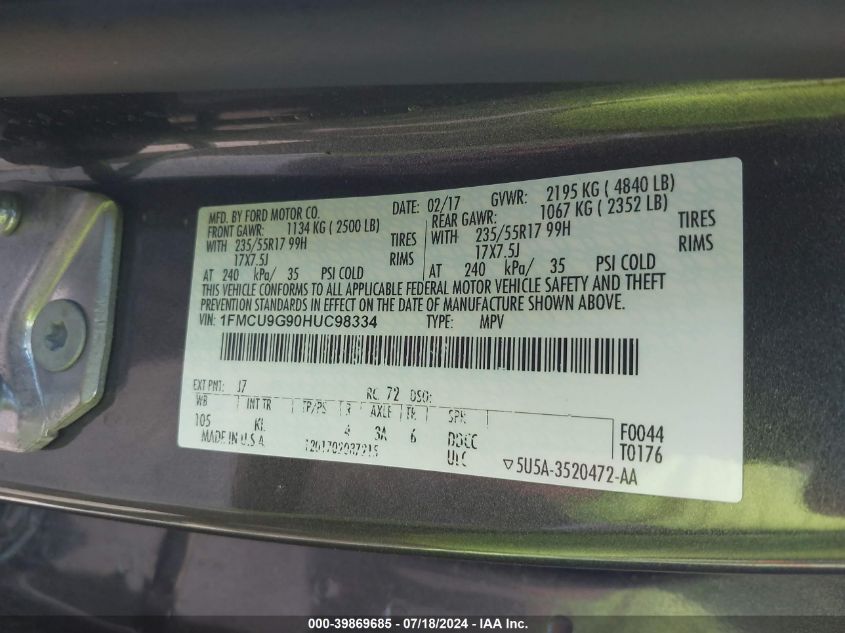 2017 Ford Escape Se VIN: 1FMCU9G90HUC98334 Lot: 39869685