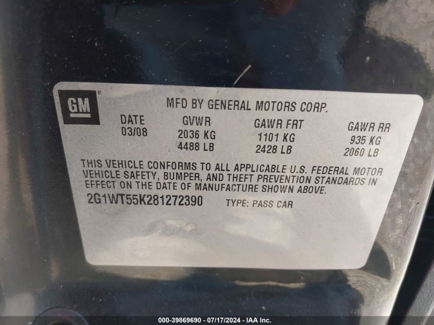 2008 Chevrolet Impala Lt VIN: 2G1WT55K281272390 Lot: 39869690