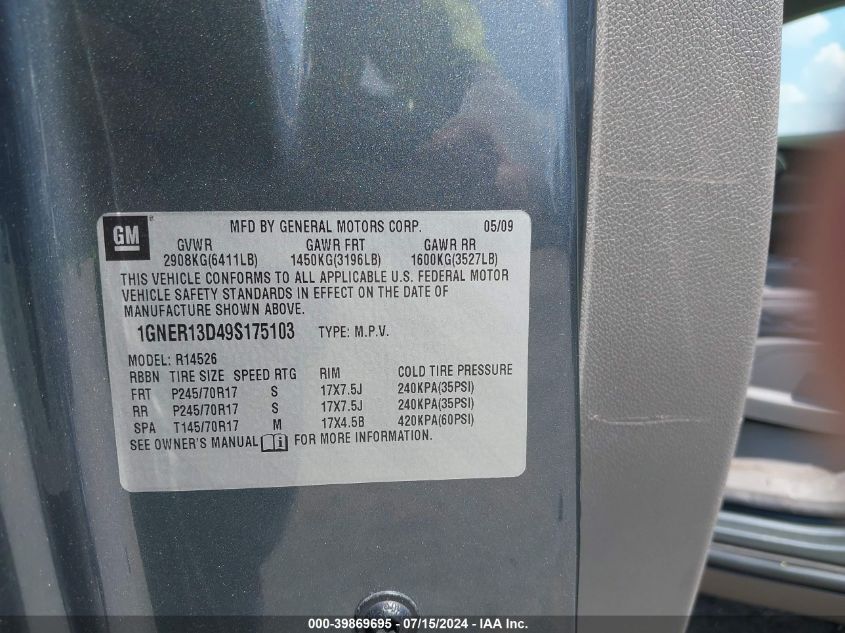 2009 Chevrolet Traverse Ls VIN: 1GNER13D49S175103 Lot: 39869695