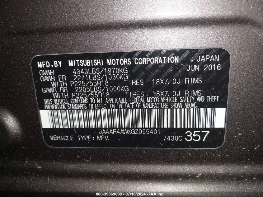 2016 Mitsubishi Outlander Sport 2.4 Gt VIN: JA4AR4AWXGZ055401 Lot: 39869698