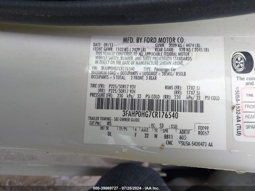 2012 Ford Fusion Se VIN: 3FAHP0HG7CR176540 Lot: 39869727