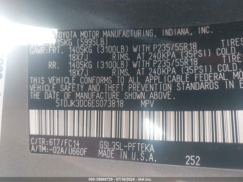 2014 Toyota Sienna Le 7 Passenger VIN: 5TDJK3DC6ES073818 Lot: 39869729