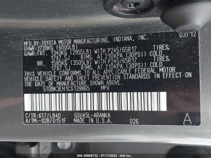 2012 Toyota Highlander Se VIN: 5TDBK3EH1CS139865 Lot: 39869732