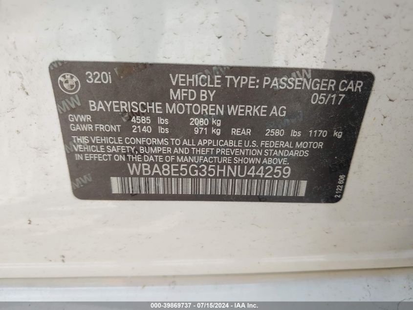 2017 BMW 320I xDrive VIN: WBA8E5G35HNU44259 Lot: 39869737
