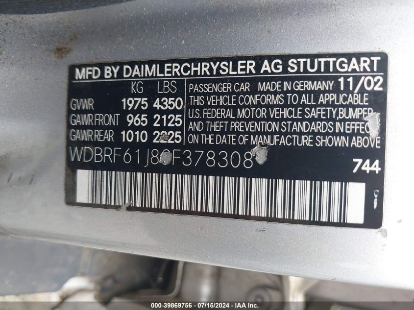 2003 Mercedes-Benz C 240 VIN: WDBRF61J83F378308 Lot: 39869756