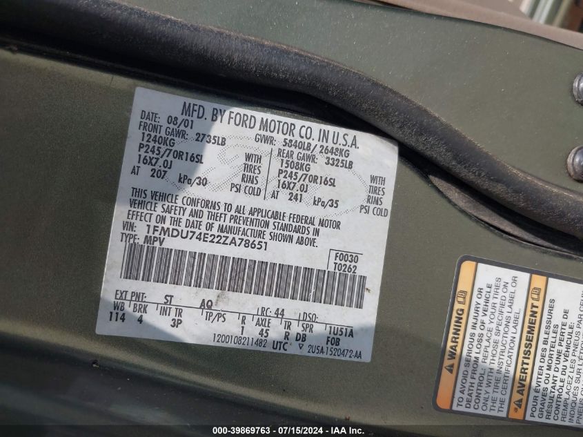 2002 Ford Explorer Eddie Bauer VIN: 1FMDU74E22ZA78651 Lot: 39869763