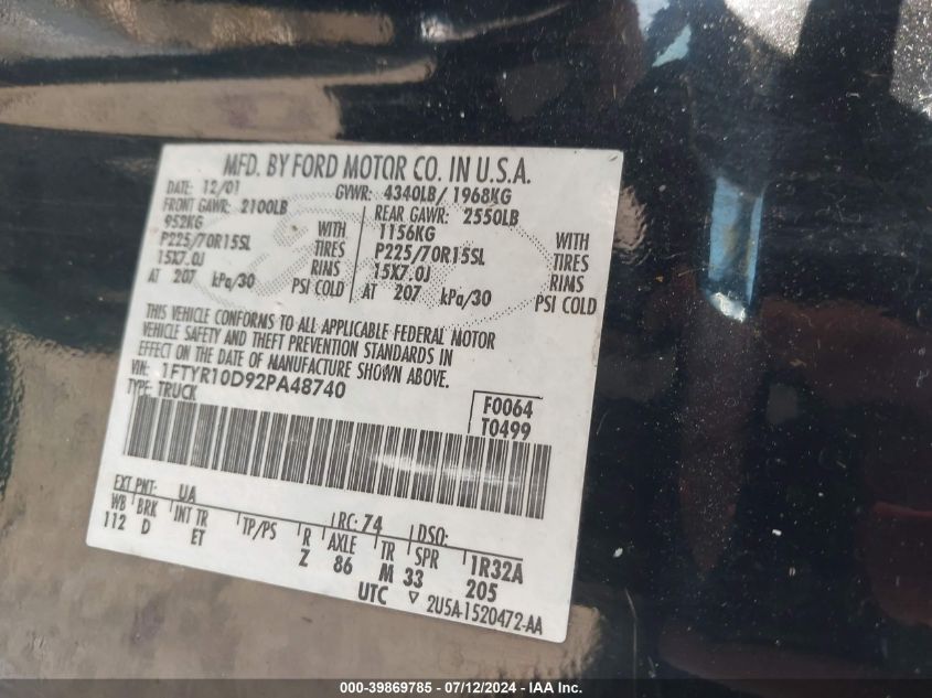 2002 Ford Ranger Xl/Xlt VIN: 1FTYR10D92PA48740 Lot: 39869785