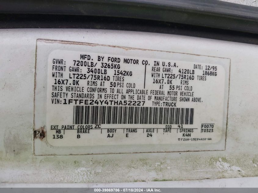 1996 Ford Econoline E250 Van VIN: 1FTFE24Y4THA52227 Lot: 39869786