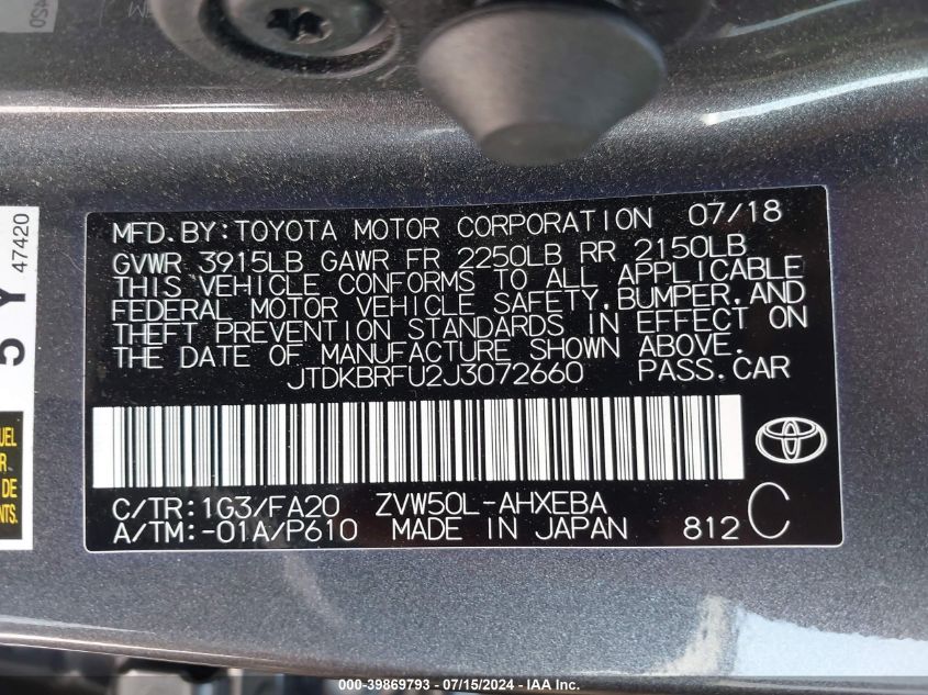 2018 Toyota Prius Two VIN: JTDKBRFU2J3072660 Lot: 39869793