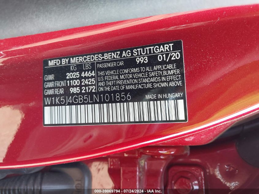 W1K5J4GB5LN101856 2020 Mercedes-Benz Cla 250