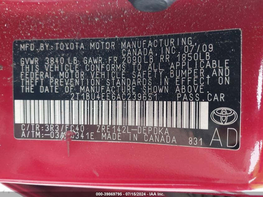 2010 Toyota Corolla Le VIN: 2T1BU4EE6AC239651 Lot: 39869795