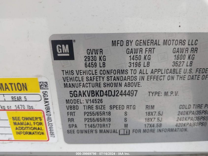 2013 Buick Enclave VIN: 5GAKVBKD4DJ244497 Lot: 39869798