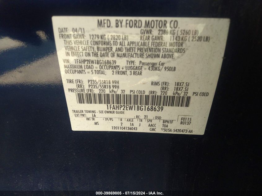 2011 Ford Taurus Sel VIN: 1FAHP2EW1BG168639 Lot: 39869805