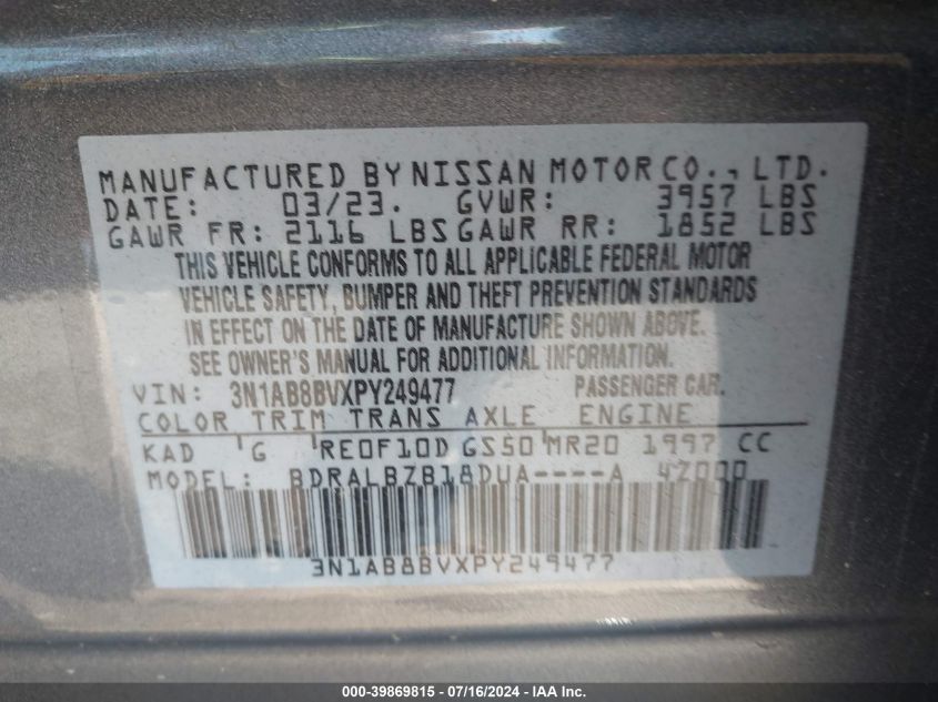 2023 Nissan Sentra S Xtronic Cvt VIN: 3N1AB8BVXPY249477 Lot: 39869815
