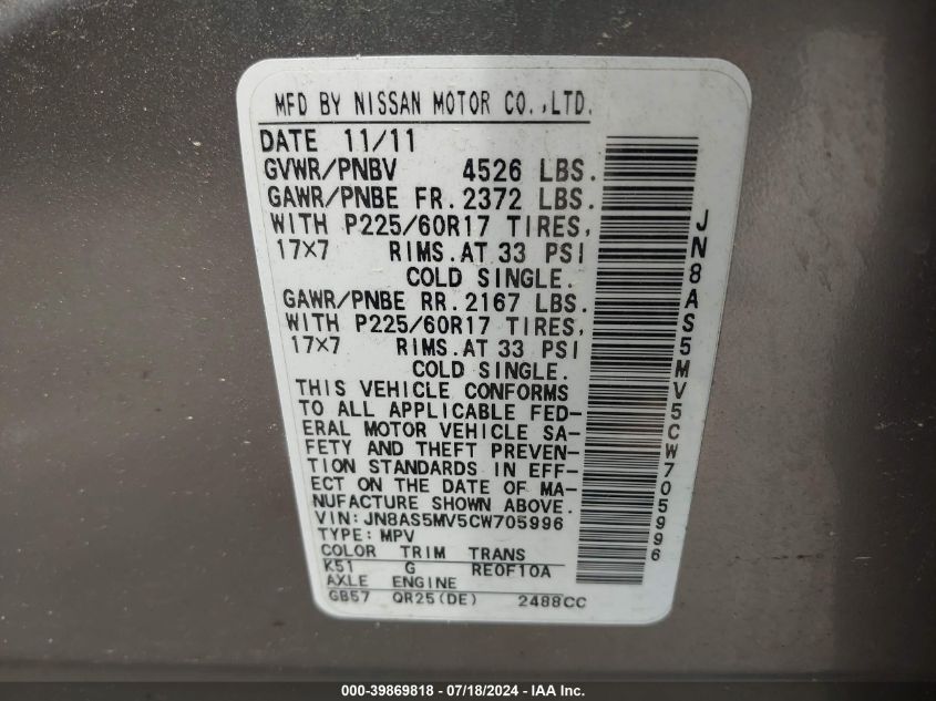 2012 Nissan Rogue S/Sv VIN: JN8AS5MV5CW705996 Lot: 39869818