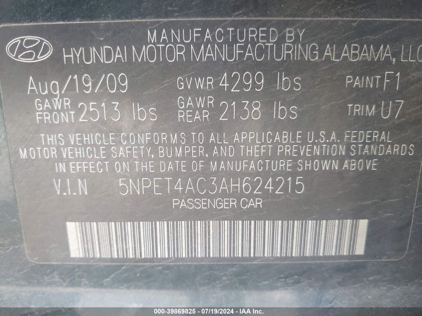 2010 Hyundai Sonata Gls VIN: 5NPET4AC3AH624215 Lot: 39869825
