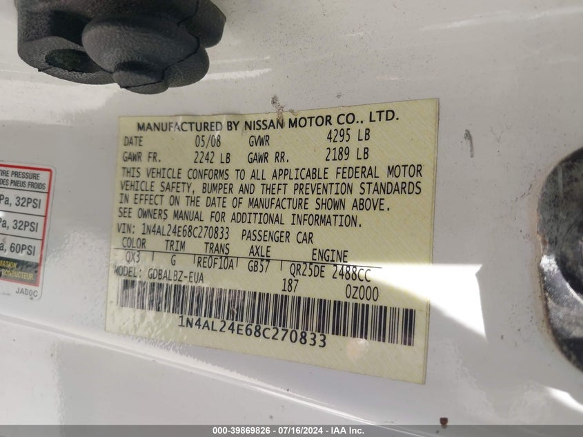 2008 Nissan Altima 2.5 S VIN: 1N4AL24E68C270833 Lot: 39869826