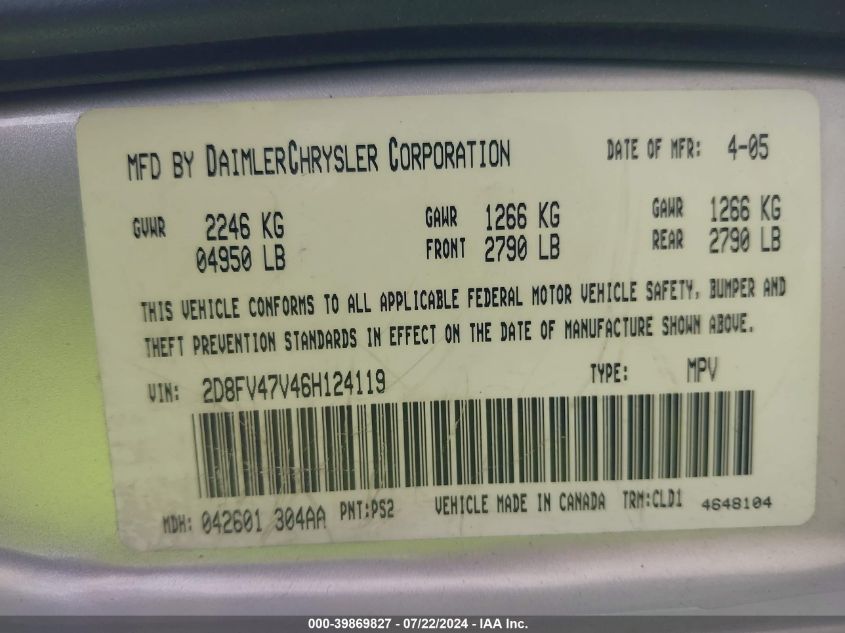 2006 Dodge Magnum VIN: 2D8FV47V46H124119 Lot: 39869827