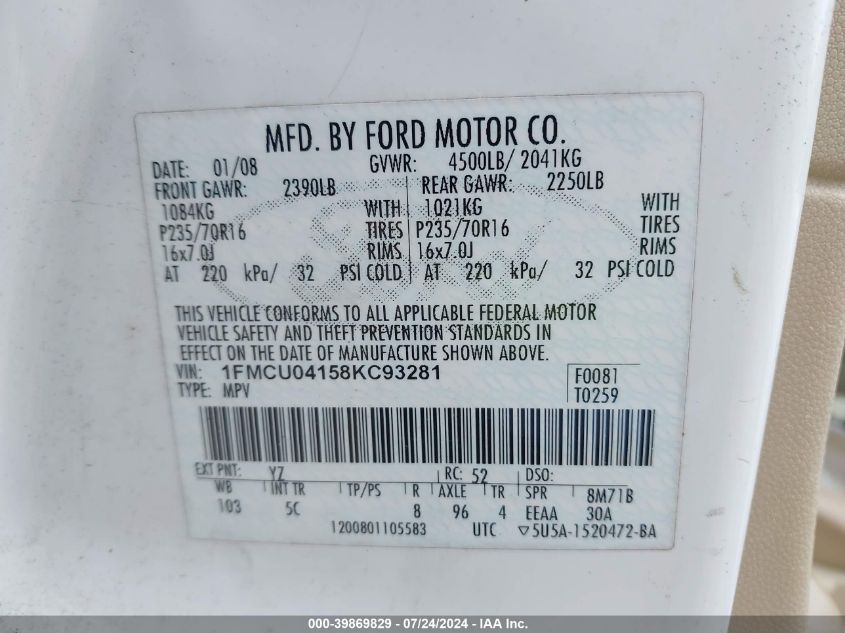 2008 Ford Escape Limited VIN: 1FMCU04158KC93281 Lot: 39869829