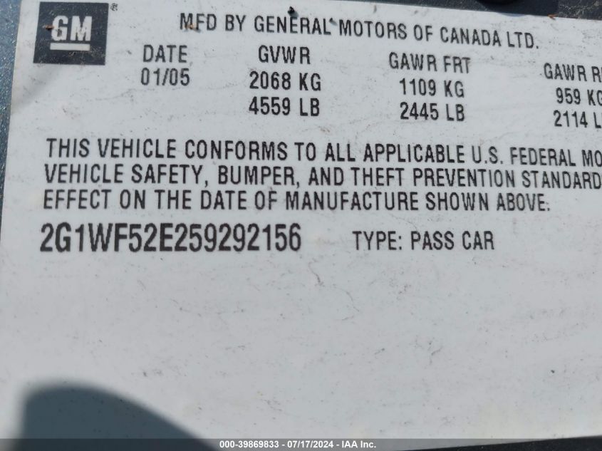 2G1WF52E259292156 2005 Chevrolet Impala