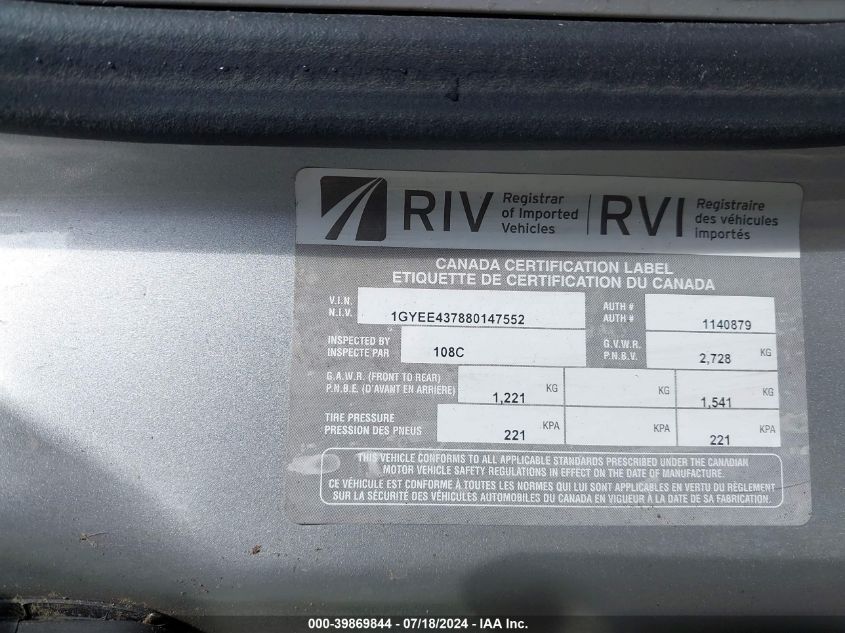 2008 Cadillac Srx V6 VIN: 1GYEE437880147552 Lot: 39869844