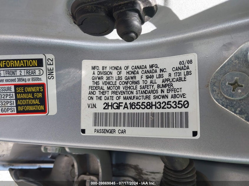 2008 Honda Civic Lx VIN: 2HGFA16558H325350 Lot: 39869845